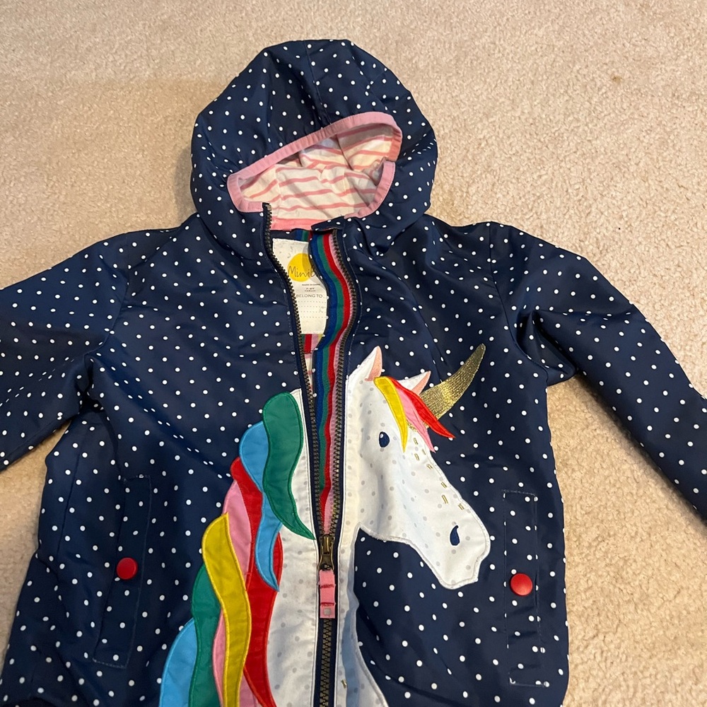 Mini Boden Navy Polka Dot Unicorn Raincoat